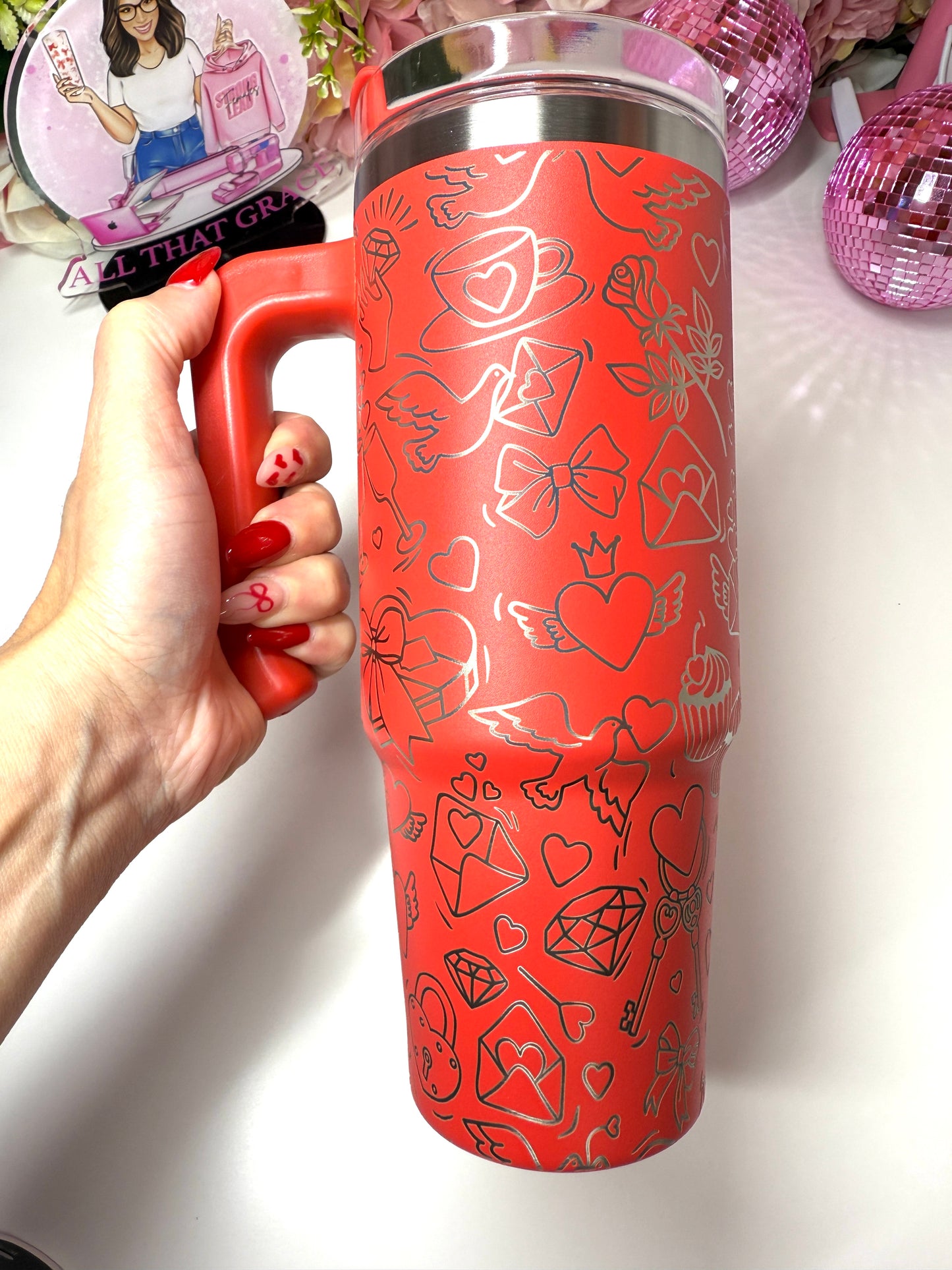 Valentines Love Letter Coquette Cherry Lip Engraved 30oz Red Grippy Tumbler