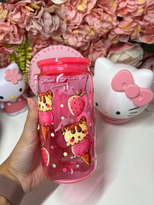 Strawberry Ice Cream Kitty Acrylic Jelly Hot Pink Cup