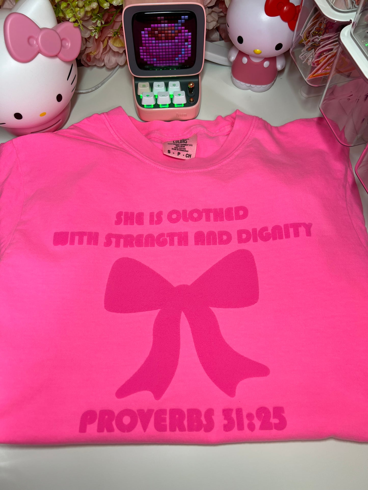 She Is Clothed With Strength and Dignity Proverbs 31:25 Coquette Tee in Neon Pink Puff Print