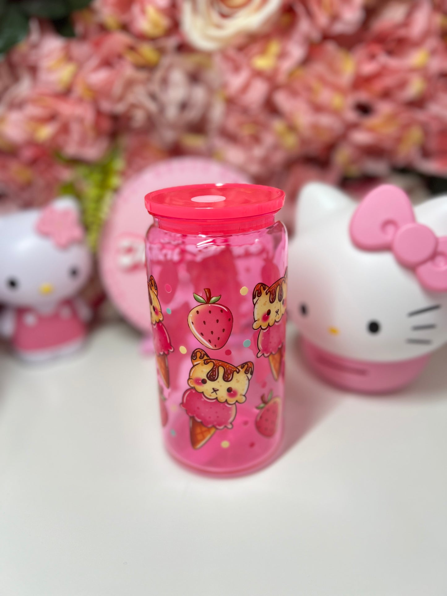 Strawberry Ice Cream Kitty Acrylic Jelly Hot Pink Cup