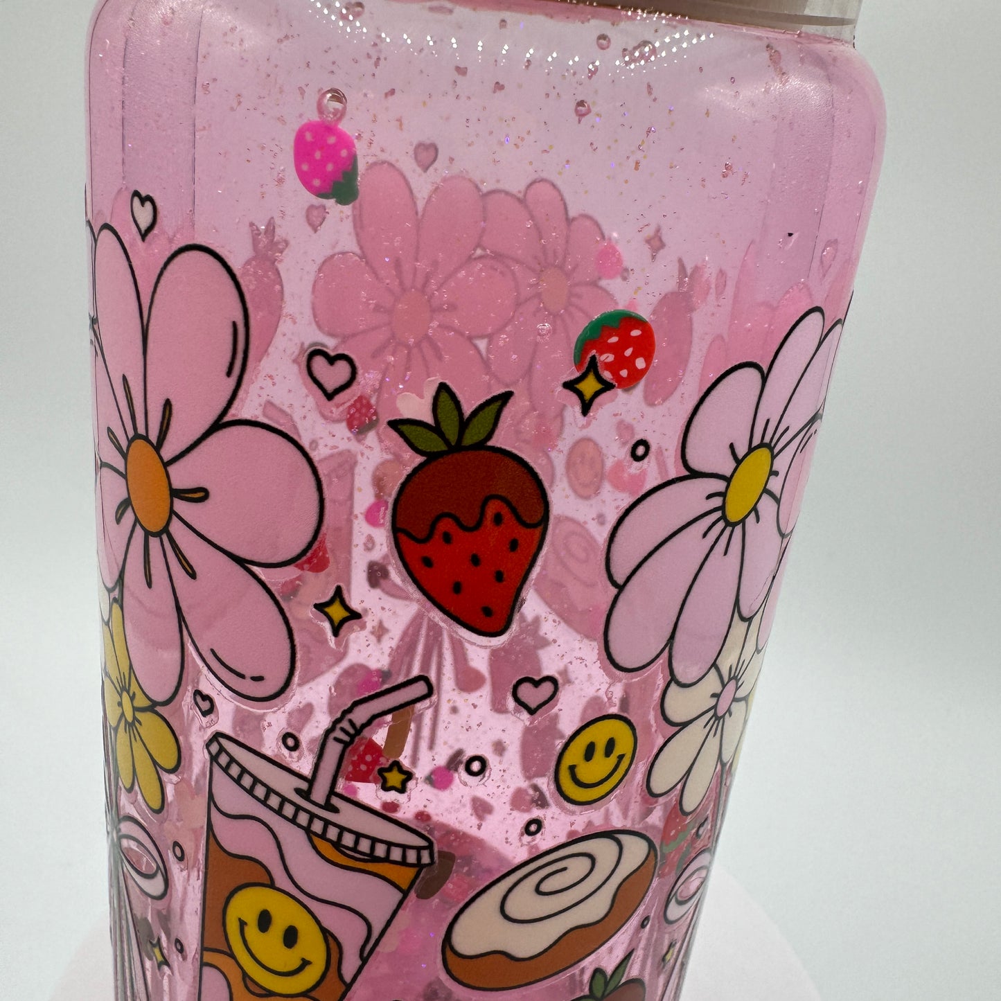 Retro Flower, Strawberry and Coffee Pink Filled Snow Globe 20oz Glass Libby Cup