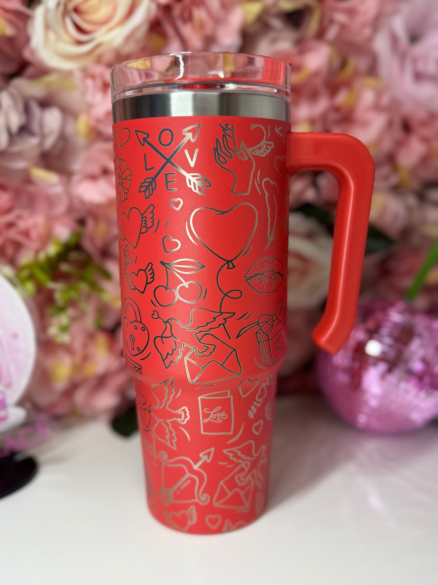 Valentines Love Letter Coquette Cherry Lip Engraved 30oz Red Grippy Tumbler