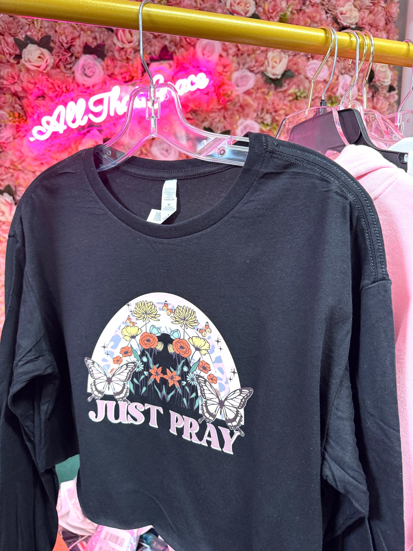 Woman's Just Pray Butterfly Cropped Long Sleeve Tee