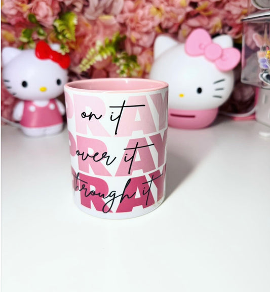 Pray On It Pray Over It Pray Through It Pink Ombre Floral 15oz Mug