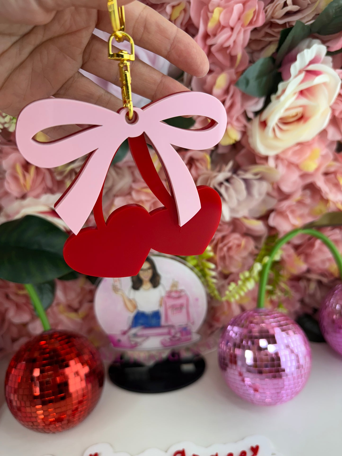 Heart Cherry Coquette Bow Acrylic Double Tap Smart Tap Keychain