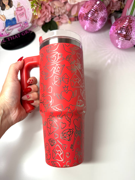 Valentines Love Letter Coquette Cherry Lip Engraved 30oz Red Grippy Tumbler