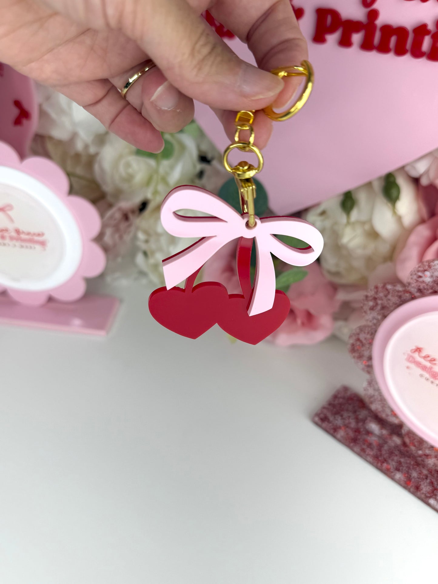Heart Cherry Bow Coquette Acrylic Keychain