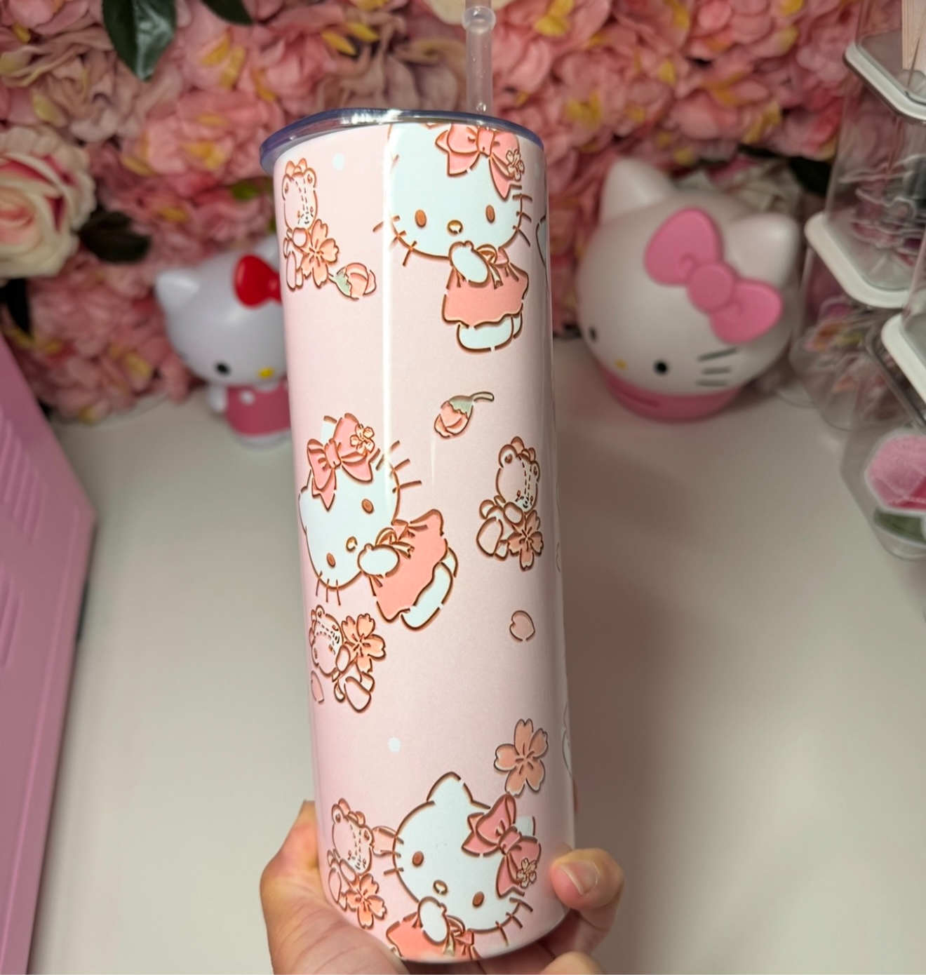 Strawberry Kawaii Cat & Teddy Bear Kawaii 20oz Stainless Steel Tumbler Skinny