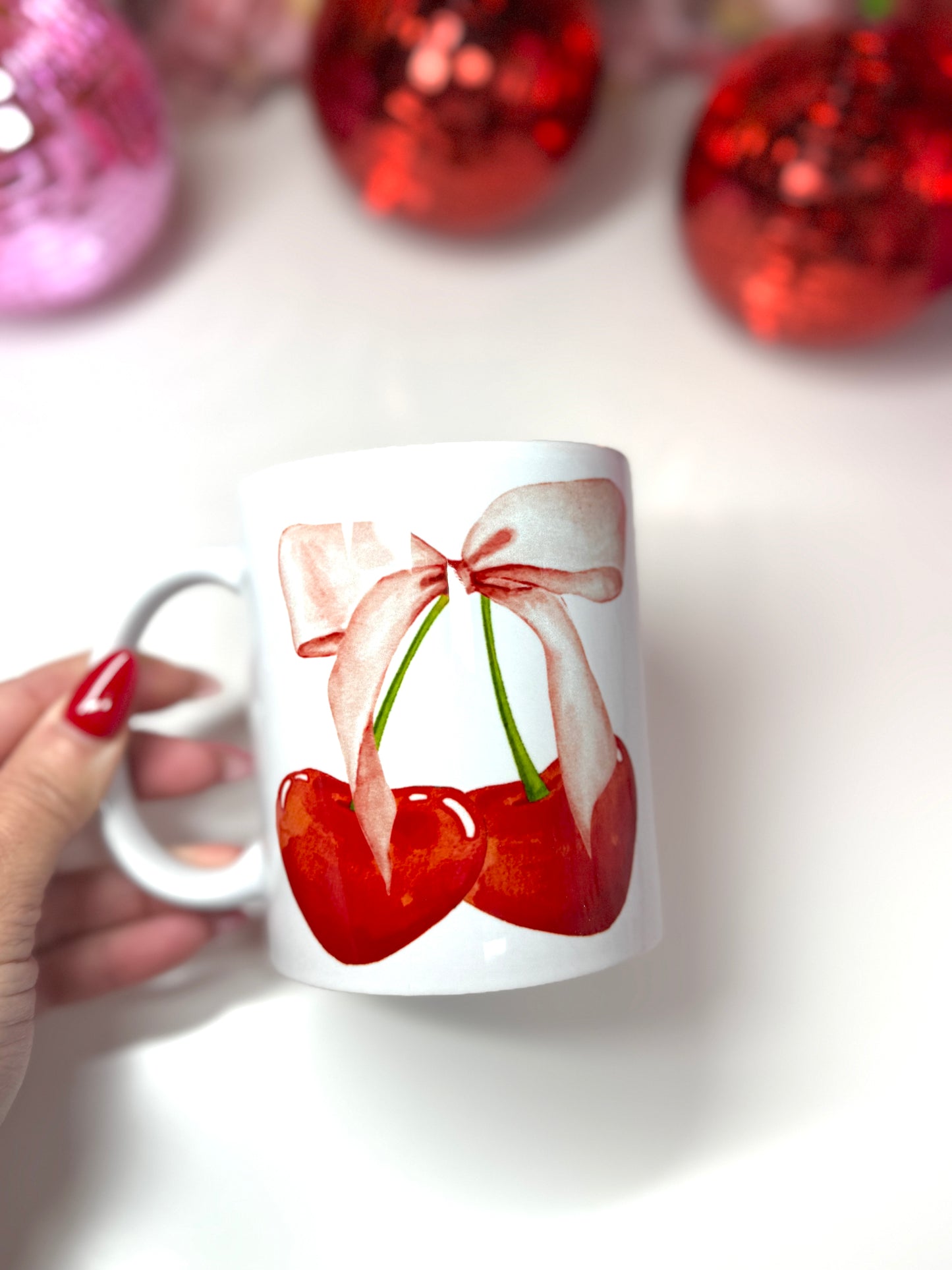 Bow Heart Cherry Coquette Ceramic Mug