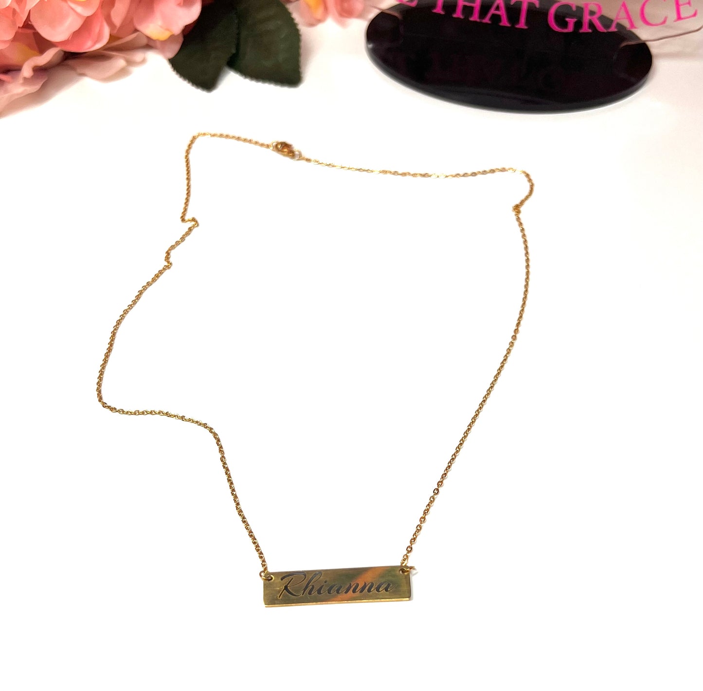 Custom Engraved Stainless Steel Bar Necklace in 18k Gold Plated