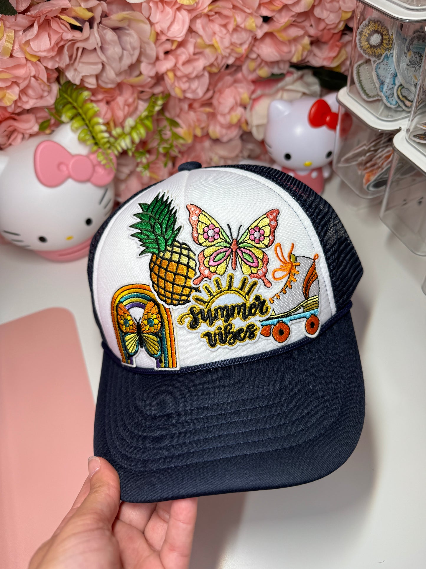 Summer Vibes Tropical Retro Trucker Hat Navy and White