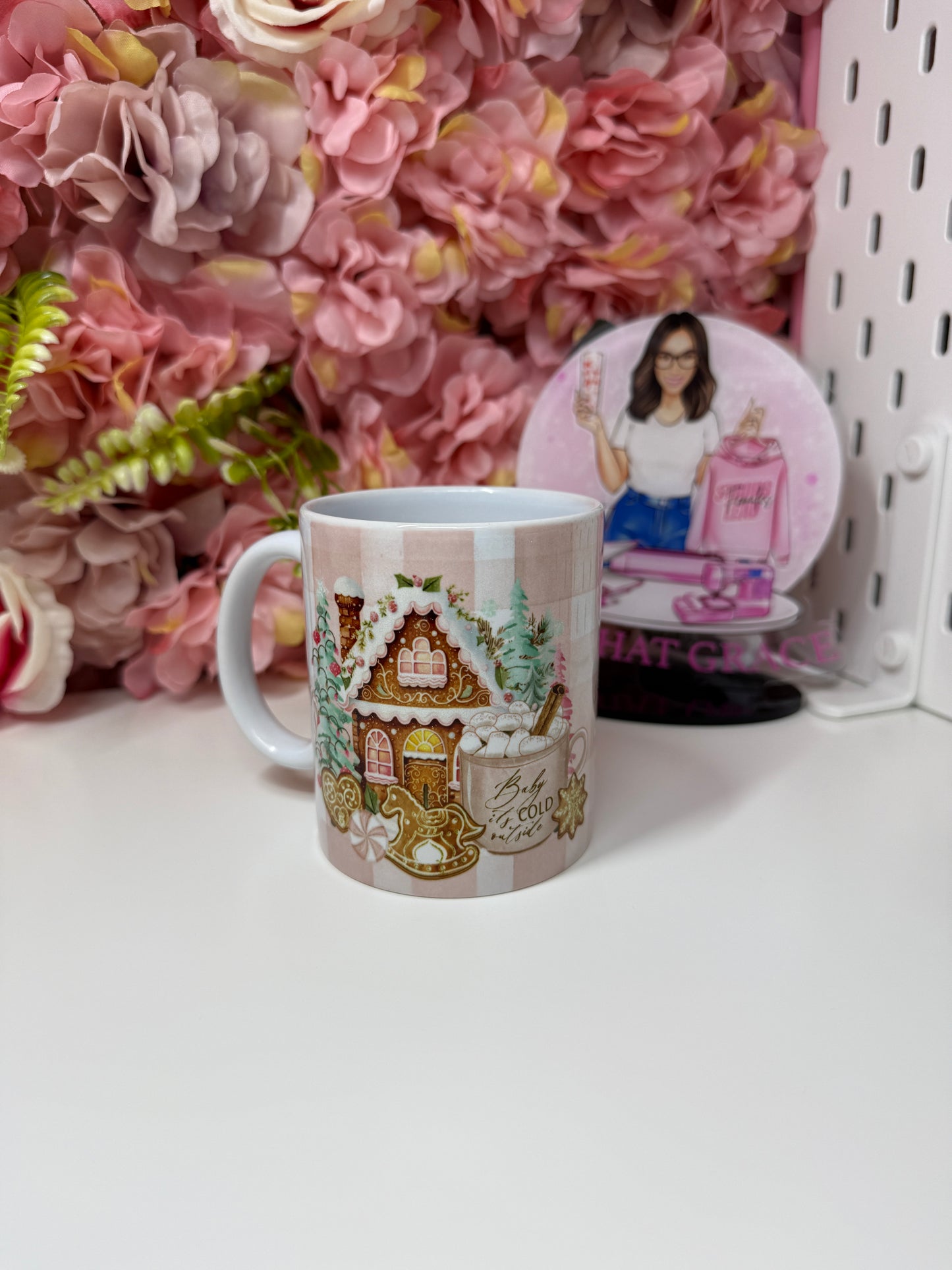 Baby It's Cold Outside Pink Gingham Gingerbread House Christmas Ceramic Coffee Mug