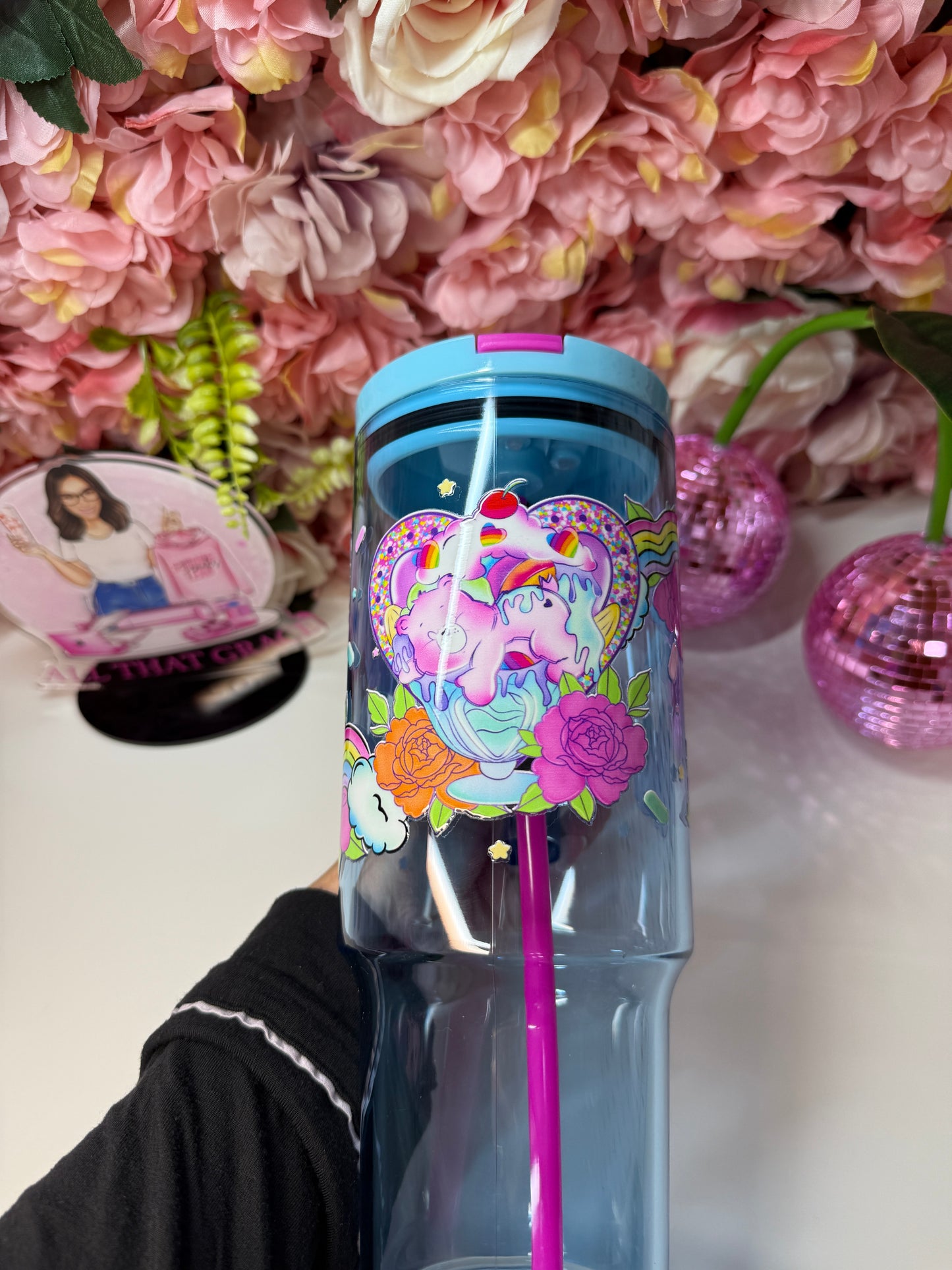 Ice Cream 80's Retro Bear Acrylic Tumbler 40oz in Blue & Pink