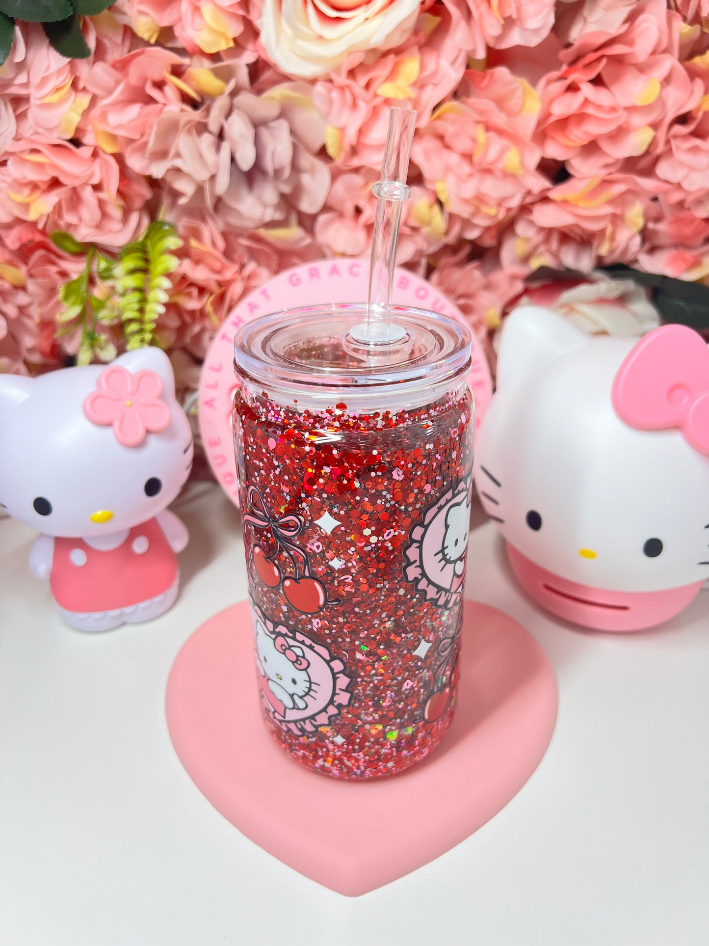 Cherry Coquette Cat Glitter Acrylic Snow Globe