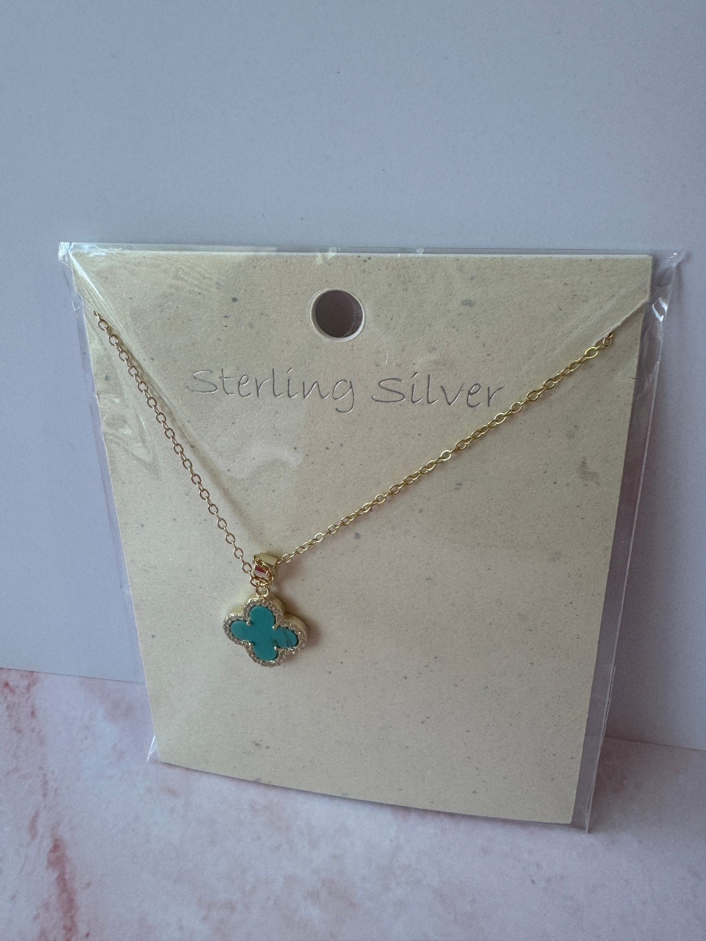 Clover Pave Pendant Gold Necklace in Turquoise Stone