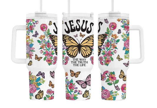 Jesus Is The Way The Truth The Life Colorful Floral & Butterfly Tumbler