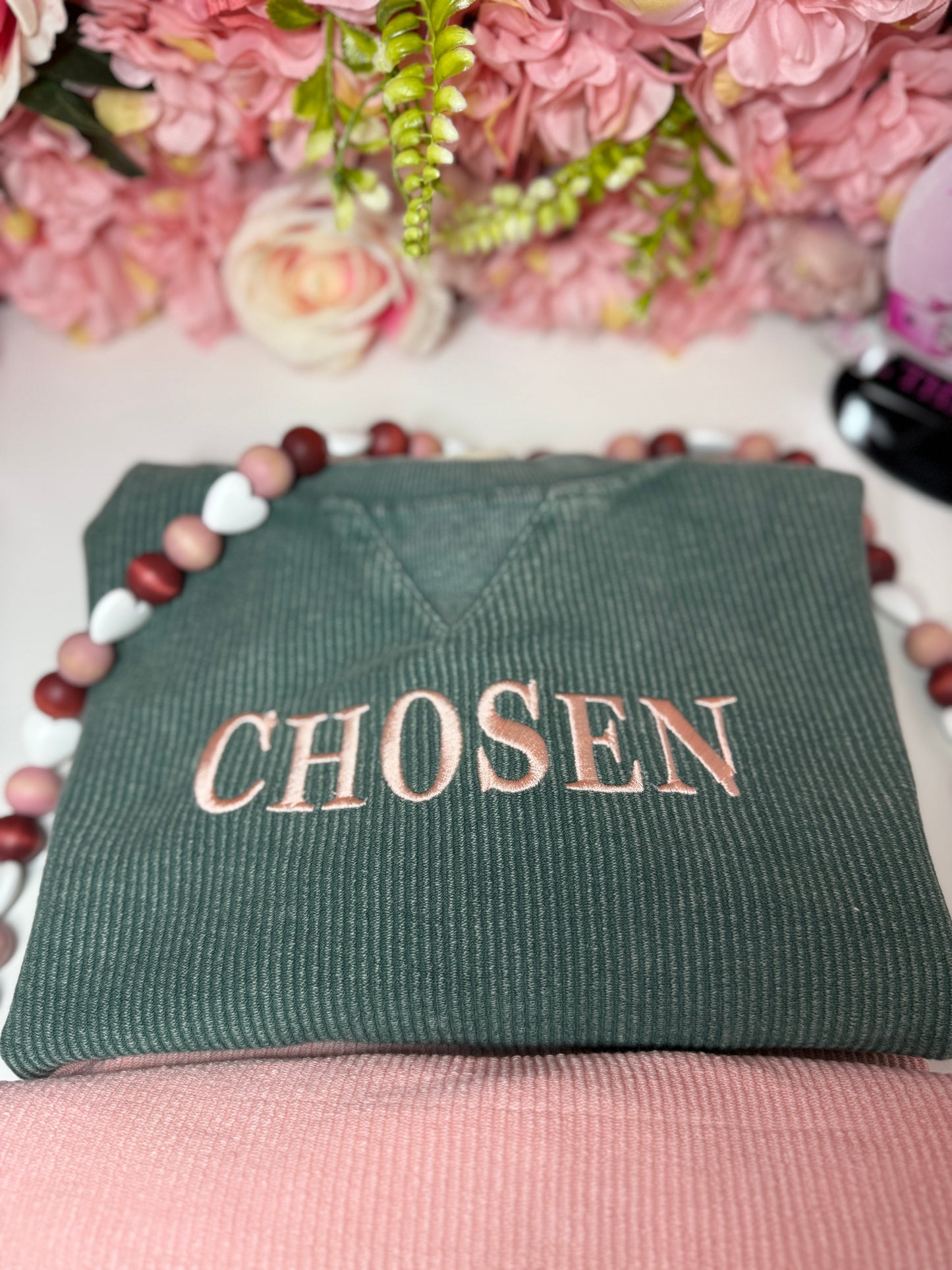 Chosen Embroidered Corded Boxy Pullover in Green