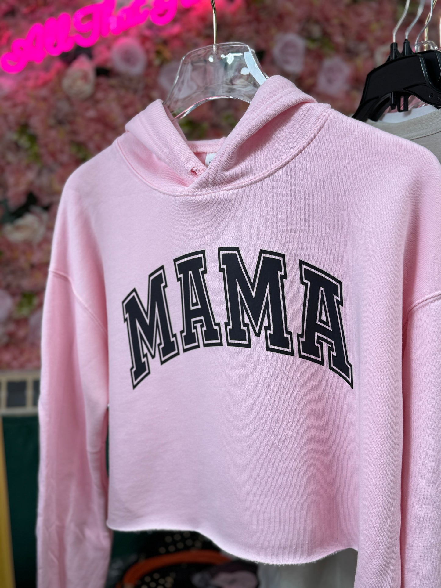 MAMA Cropped Hoodie in Pink