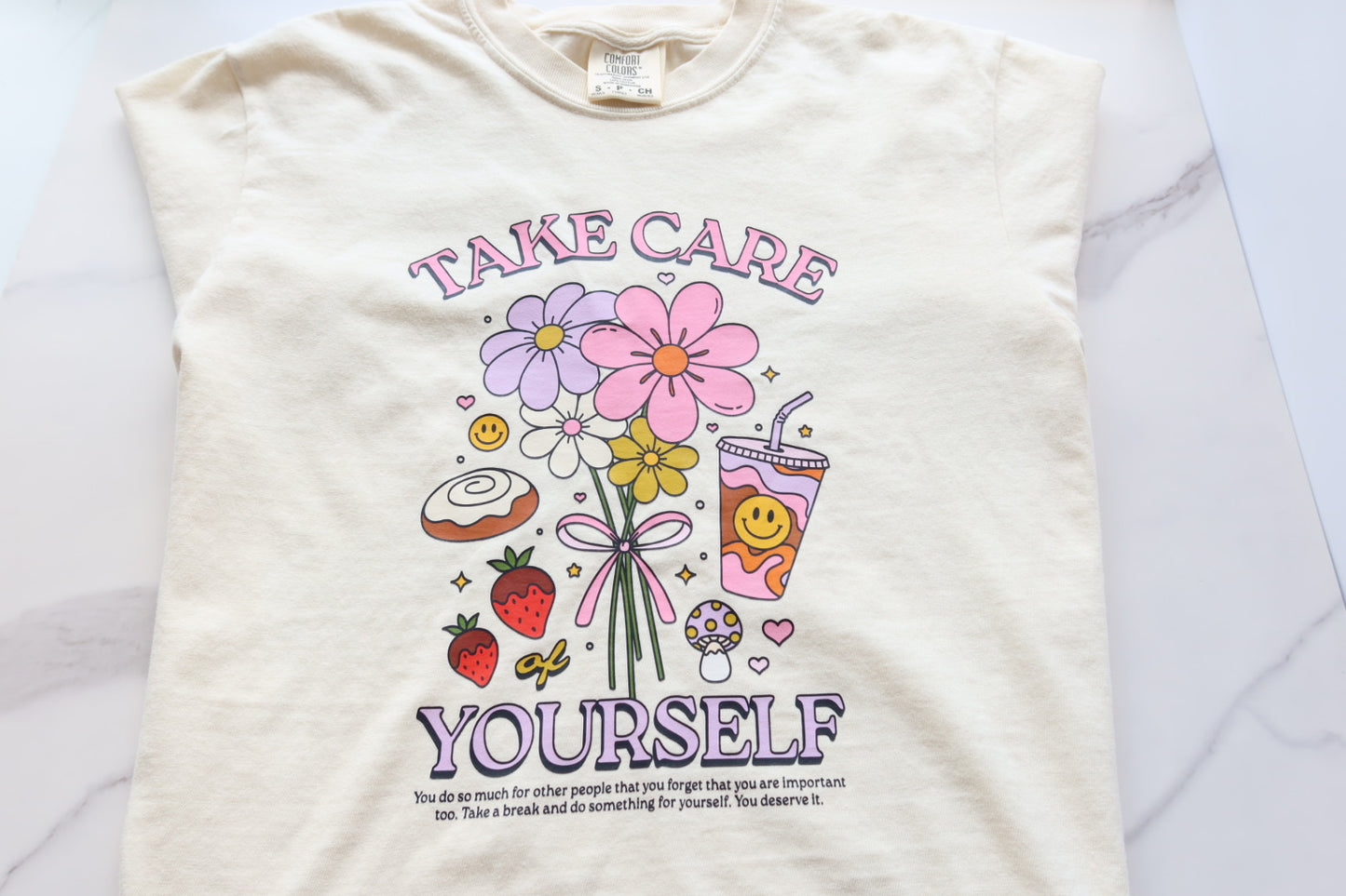 Take Care of Yourself Self Care Retro Boxy Fit Tee in Ivory