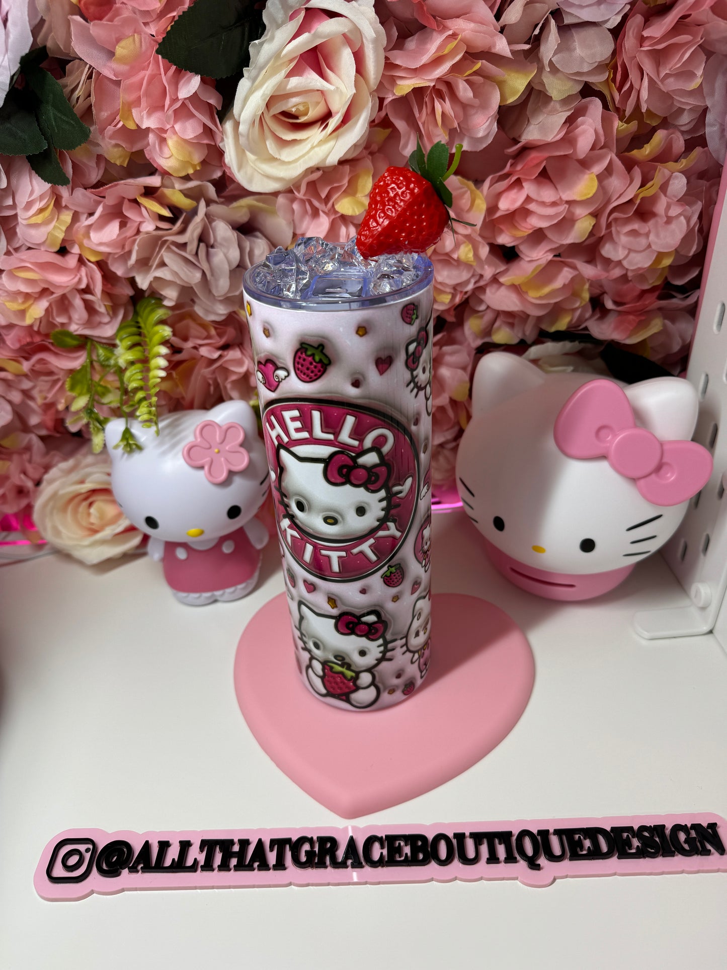 Kitty Strawberry 3D 20oz Skinny Tumbler W/Strawberry & Ice Top