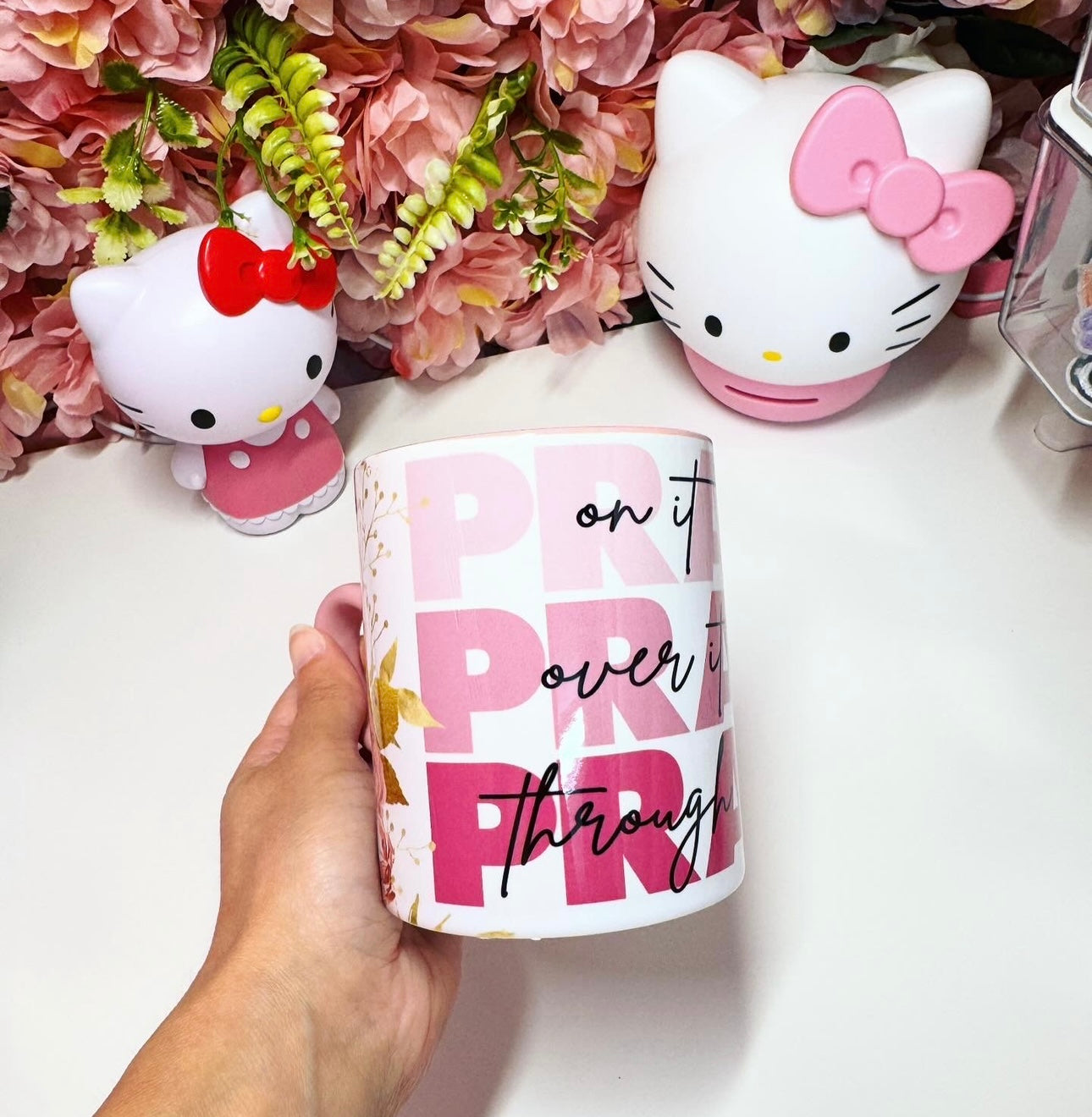 Pray On It Pray Over It Pray Through It Pink Ombre Floral 15oz Mug