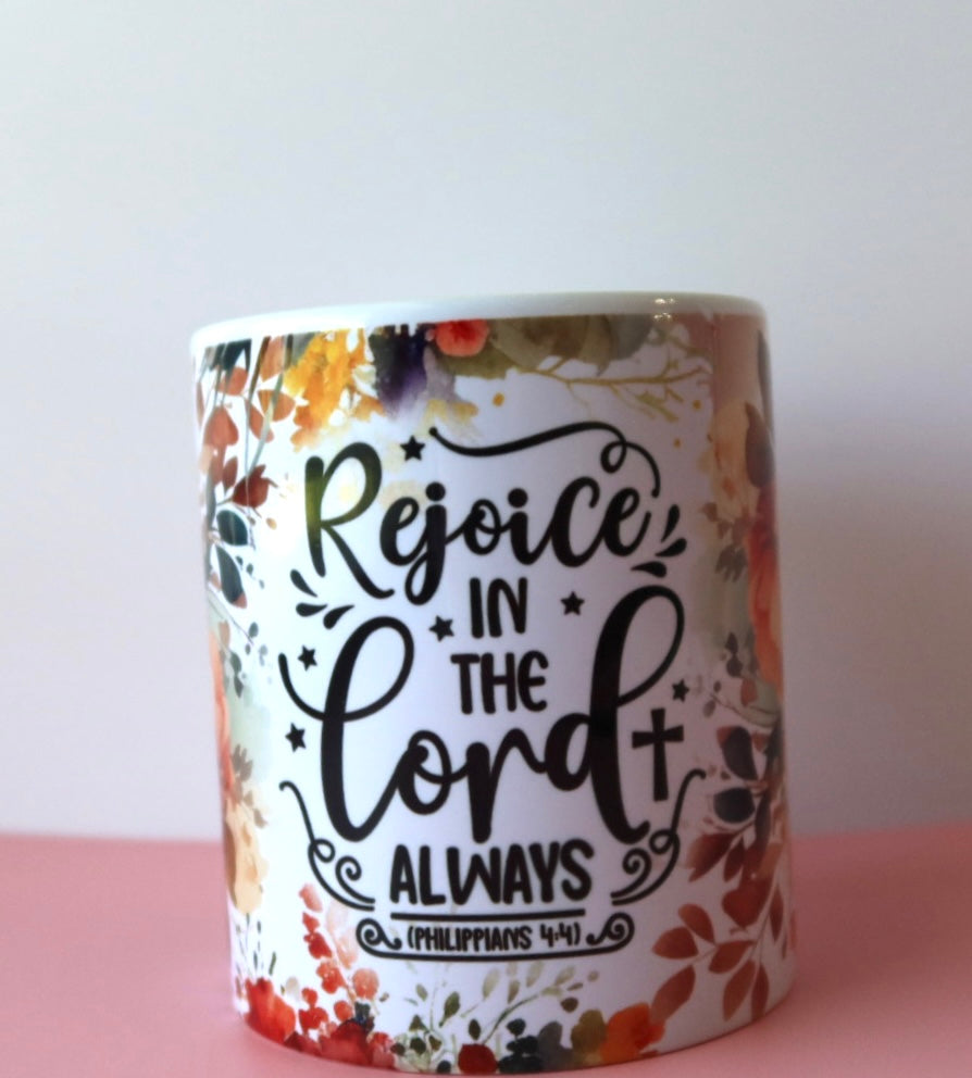 Rejoice in The Lord Always Philippians 4:41 Floral Bible Verse 11oz Mug