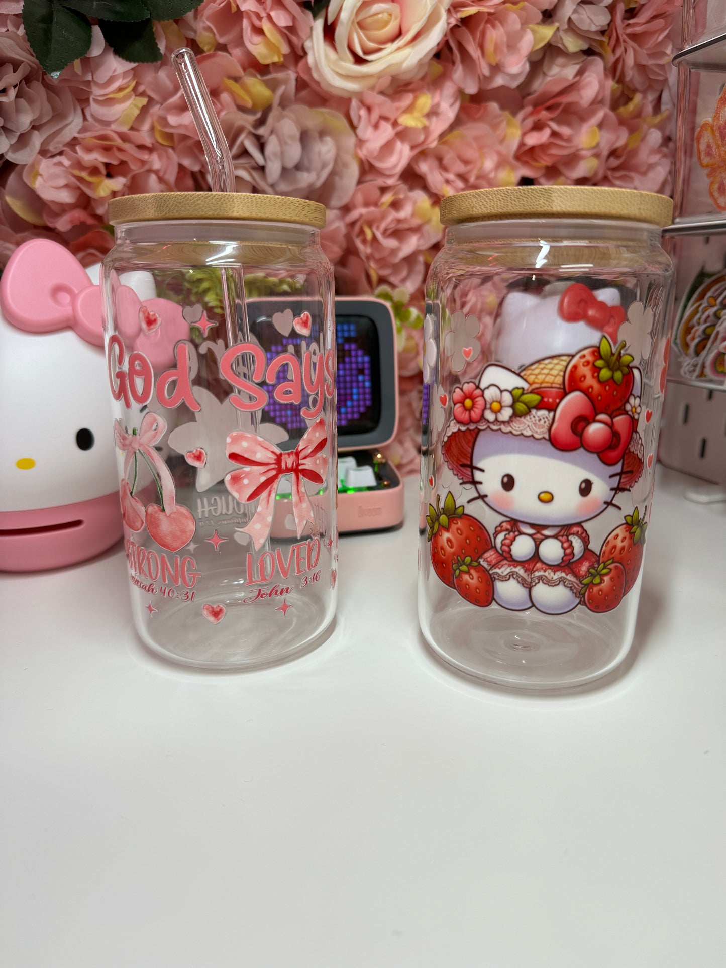 Spring Strawberry Kitty Glass Libby Cup