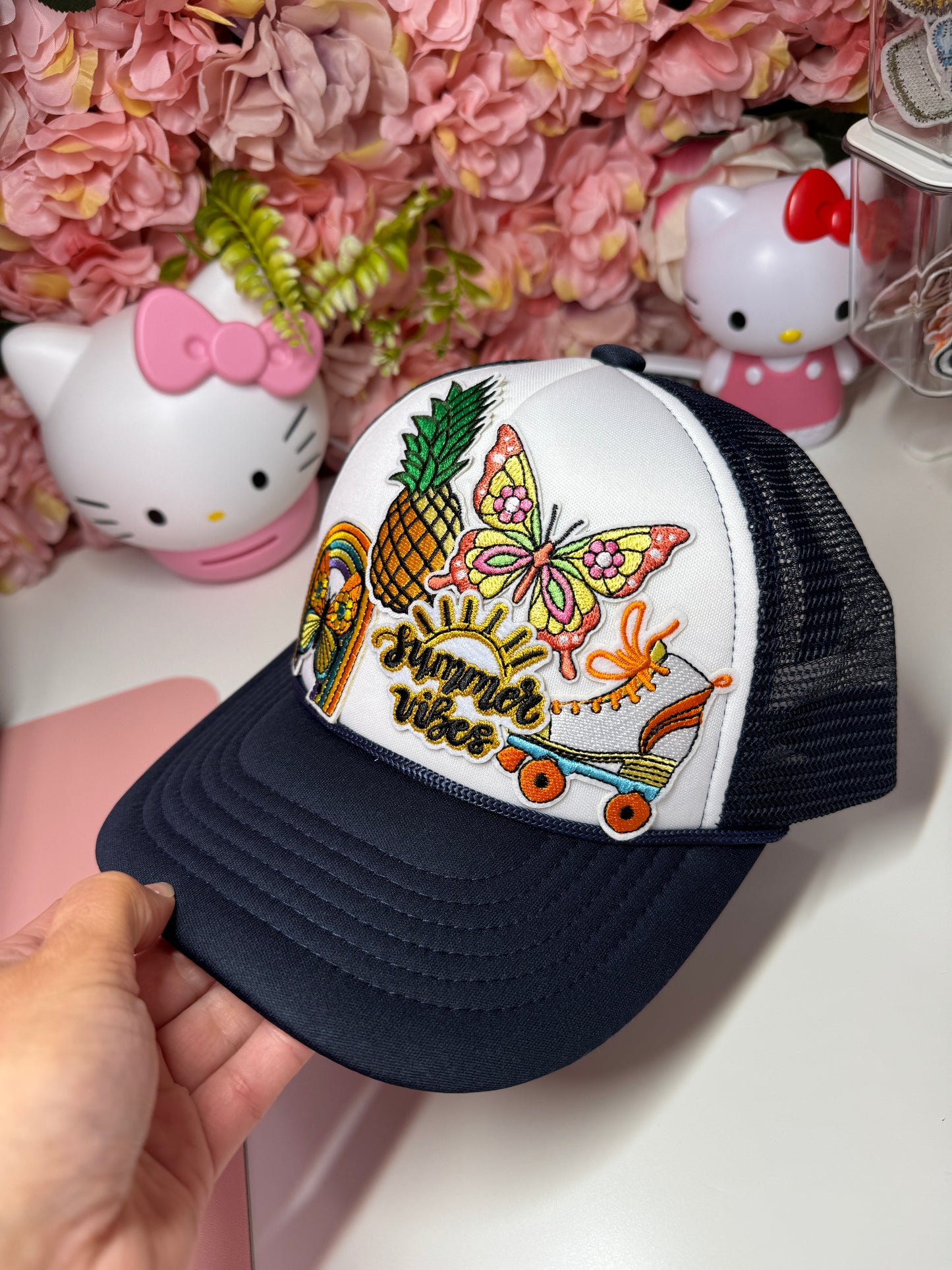 Summer Vibes Tropical Retro Trucker Hat Navy and White