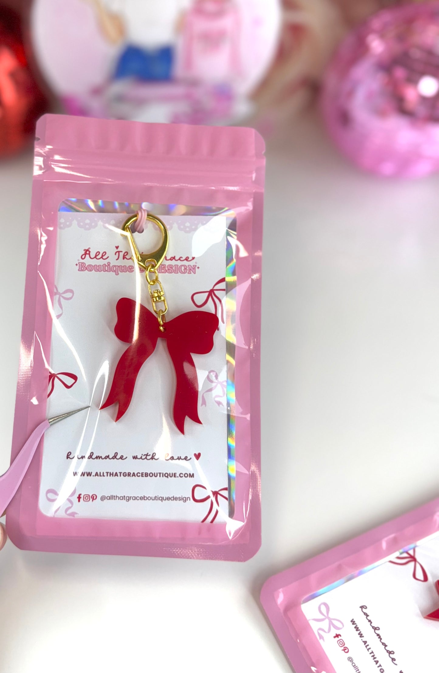 Red Acrylic Bow Keychain with Gold Hardware