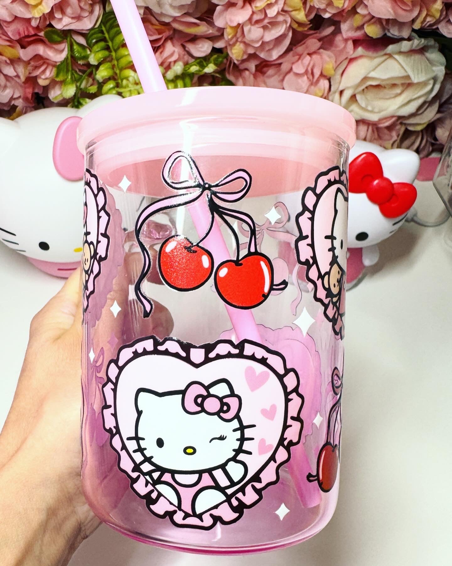 Cat, Bear, Bow, and Cherries Gradient Pink Mug