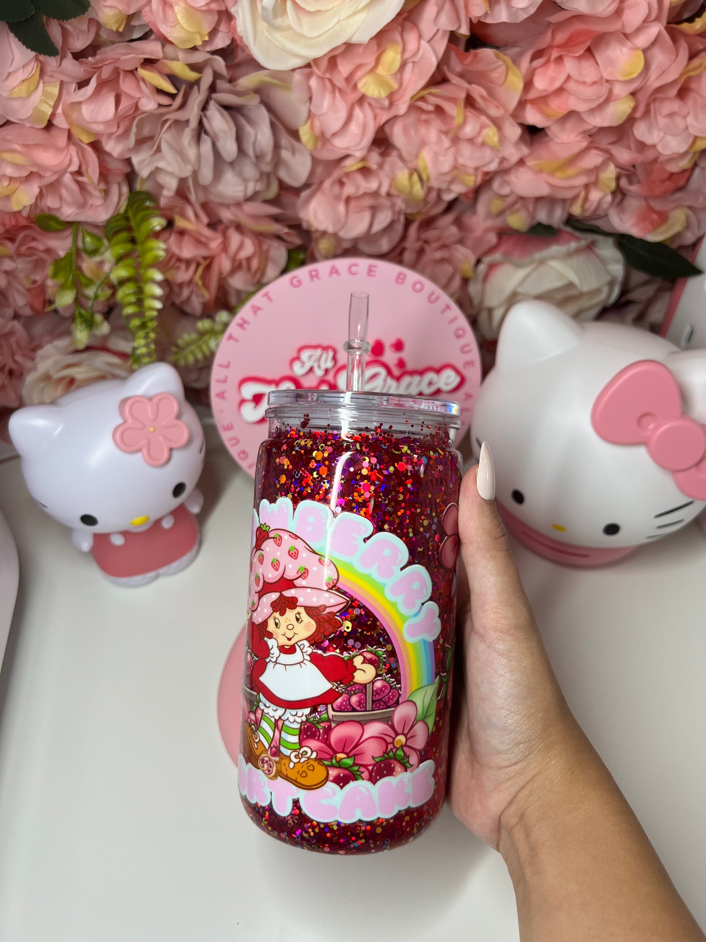 Strawberry Glitter Acrylic Snow Globe Cup