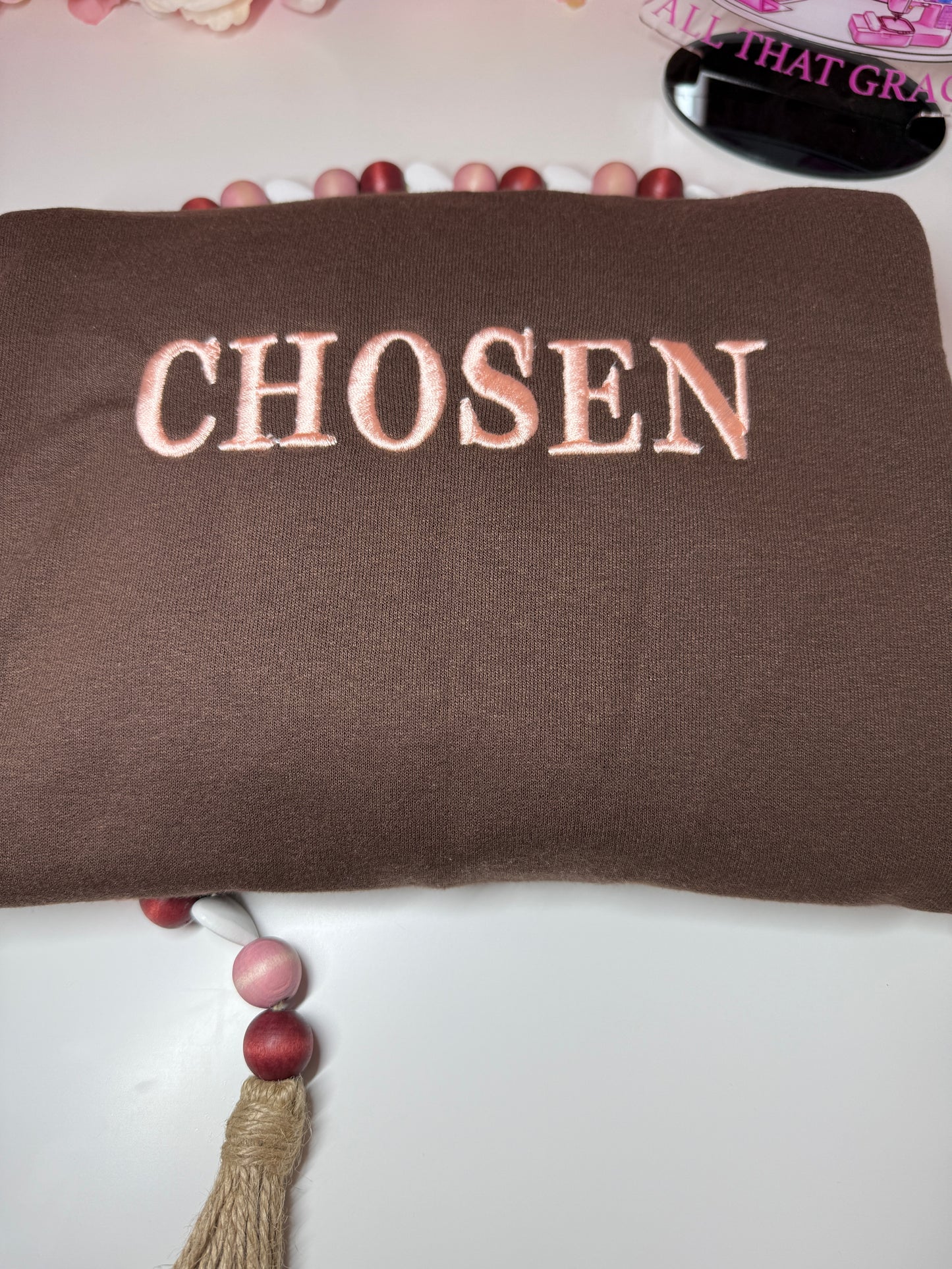 Chosen Embroidery Chocolate Brown Crew Neck Pullover Sweater With Pink Stitching