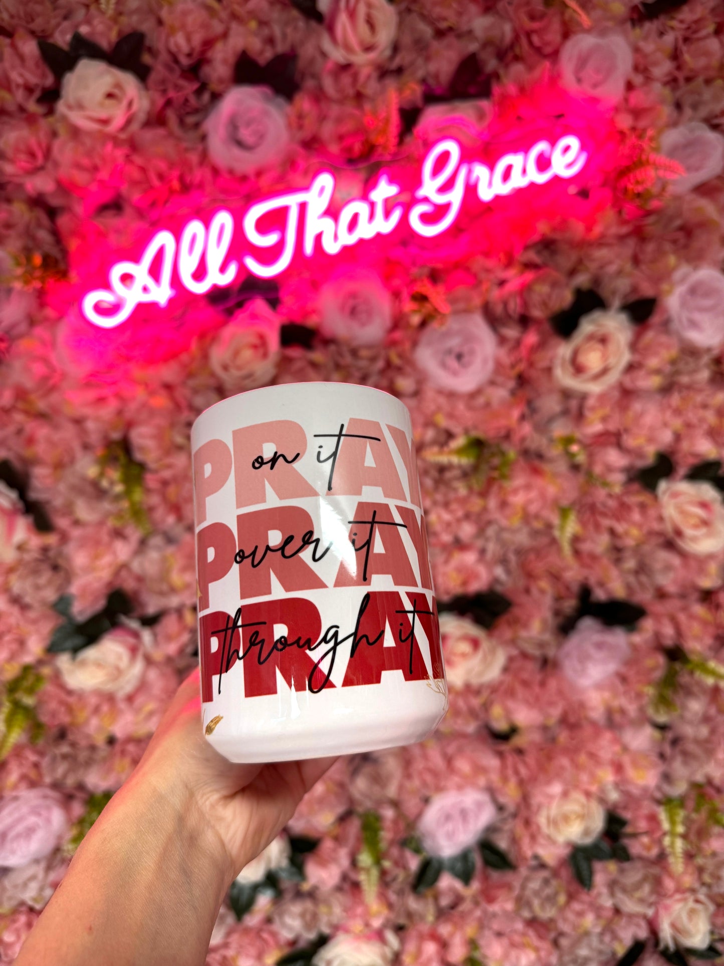 Pray On It Pray Over It Pray Through It Pink Ombre Floral 15oz Mug