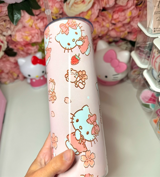 Strawberry Kawaii Cat & Teddy Bear Kawaii 20oz Stainless Steel Tumbler Skinny
