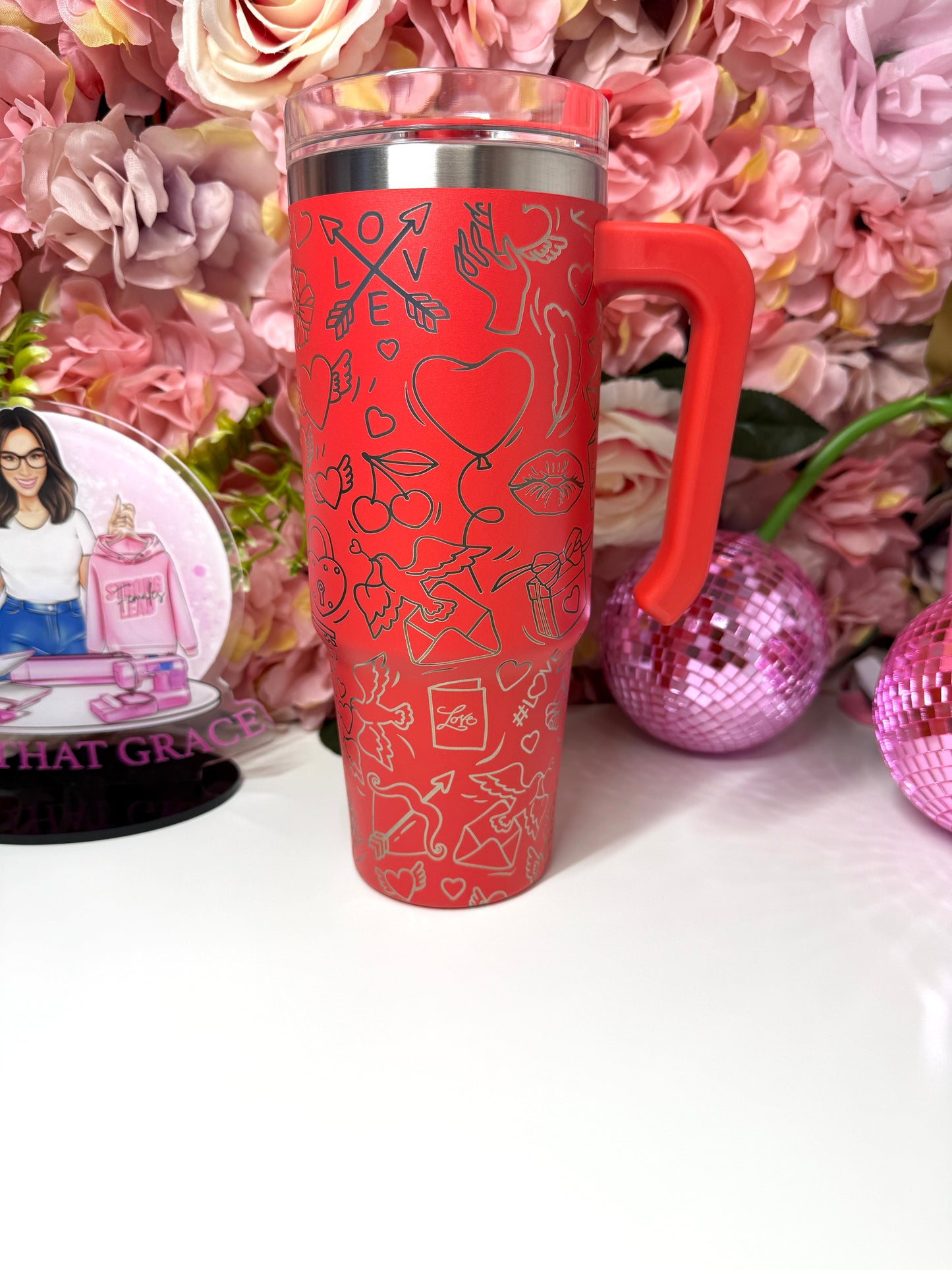 Valentines Love Letter Coquette Cherry Lip Engraved 30oz Red Grippy Tumbler