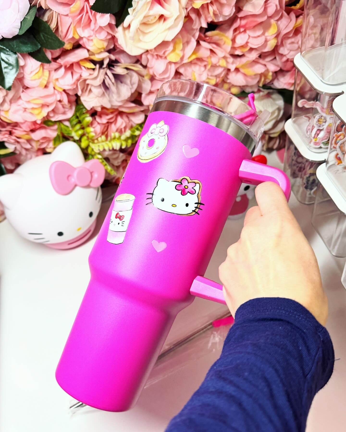 Kawaii Cat Donut & Coffee 40oz Travel Tumbler Hot Pink