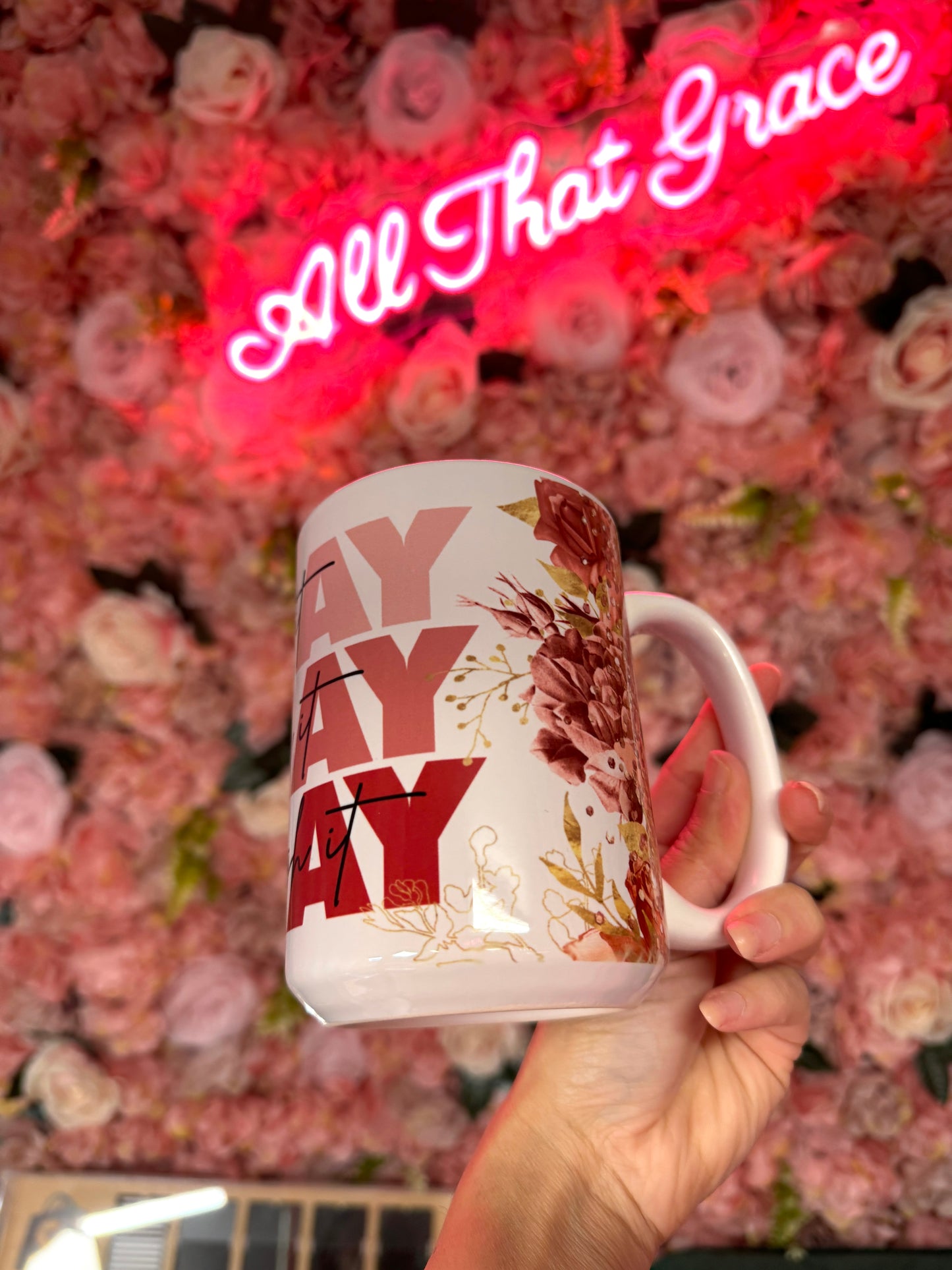 Pray On It Pray Over It Pray Through It Pink Ombre Floral 15oz Mug