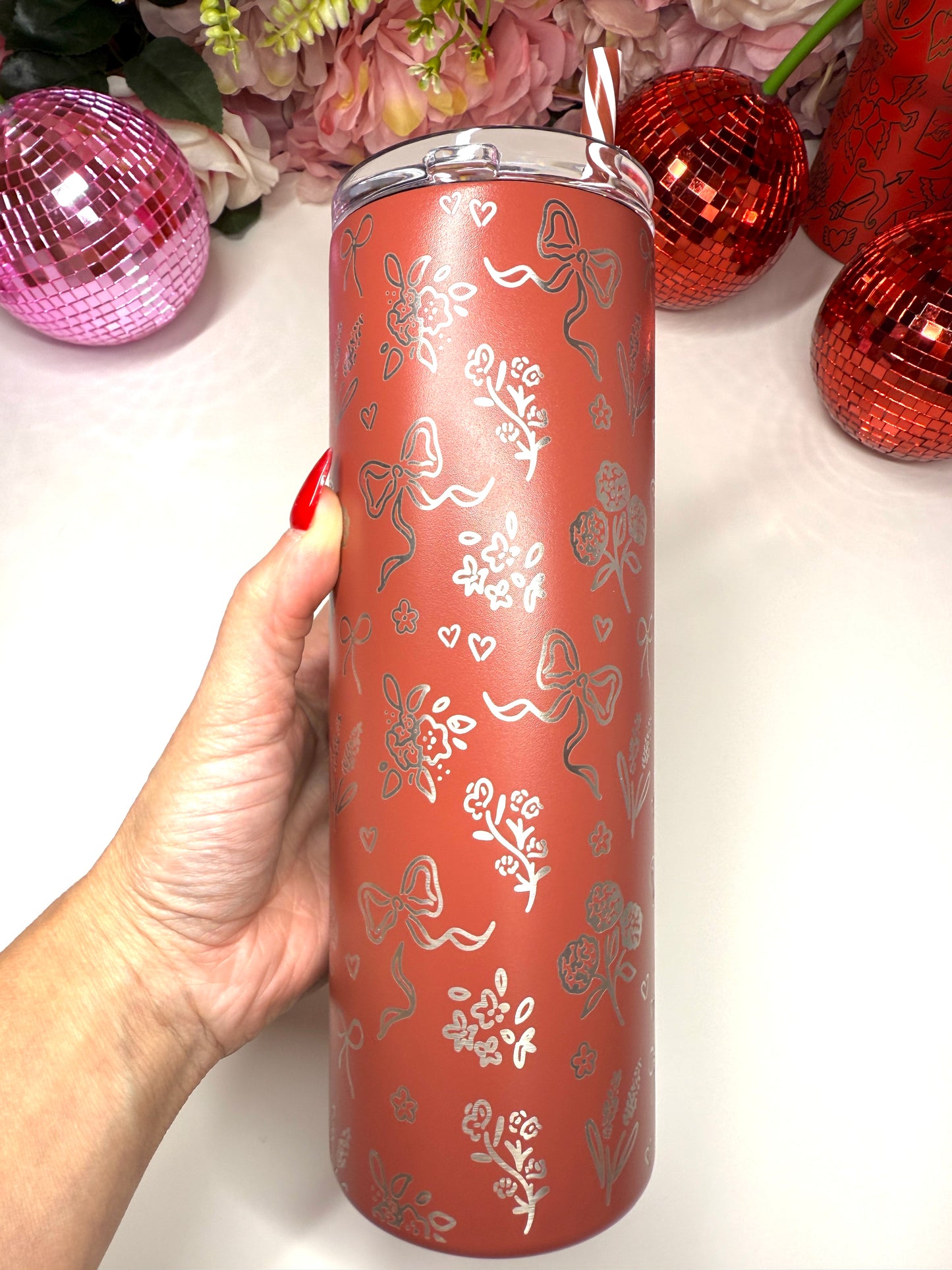 Coquette Floral Engraved 20oz Skinny Tumbler in Cranberry Spice