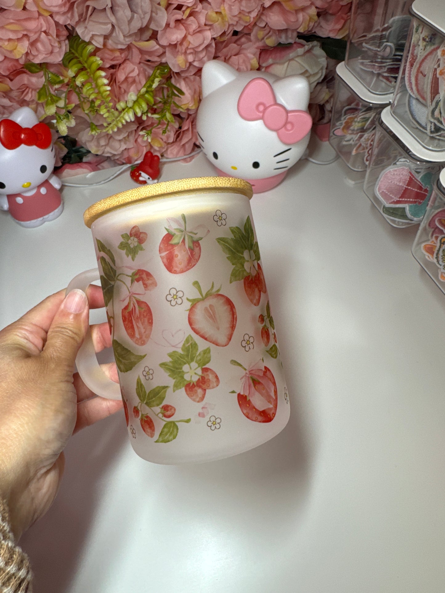 Strawberry Coquette Frosted Glass Mug 17oz