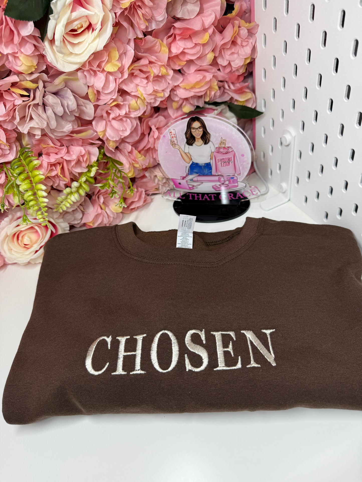 Chosen Embroidered Chocolate Brown Crew Neck Pullover Sweater With Ivory Stitching