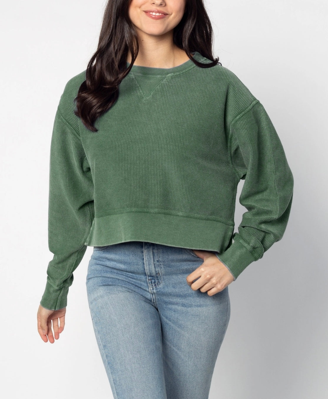 Chosen Embroidered Corded Boxy Pullover in Green