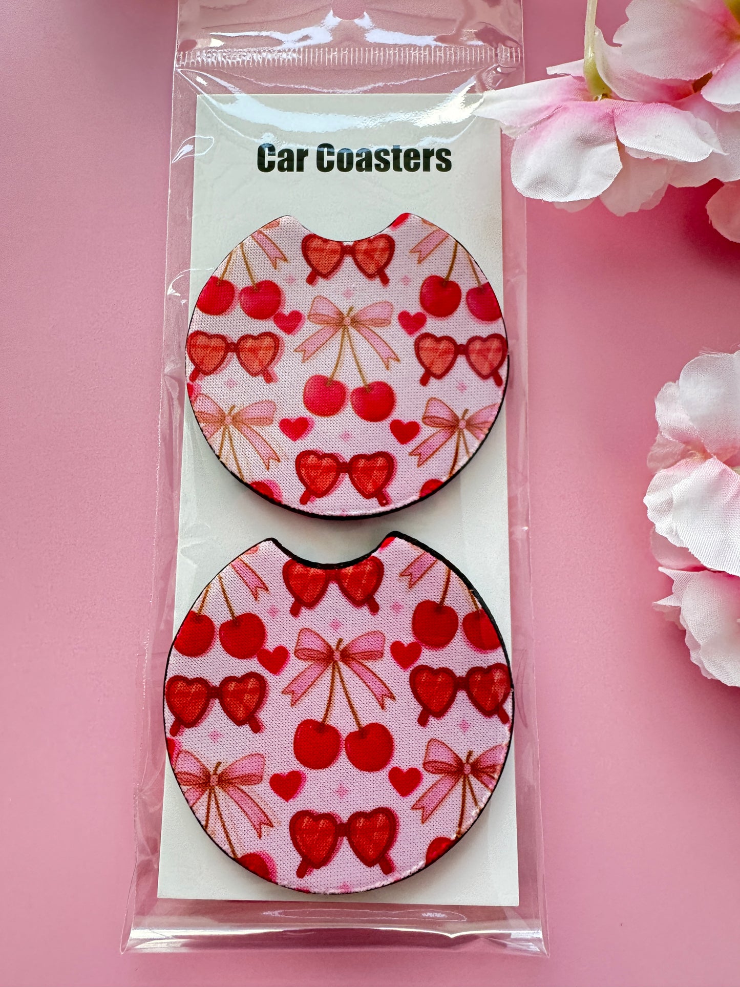 Cherry Bow Coquette Sunglasses Pink Car Coasters