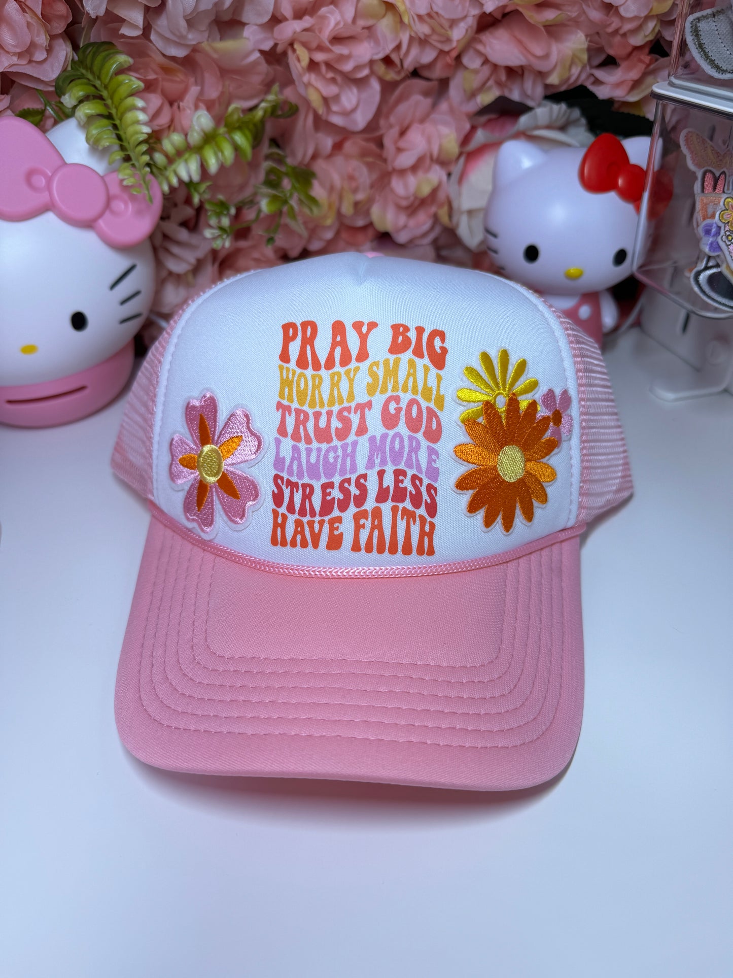 Pray Big Worry Small Trust God Floral Retro Pink & White Trucker Hat