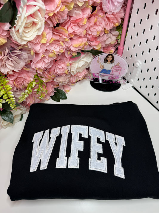 Wifey Embroidered Glitter Hoodie in Black with White Letters