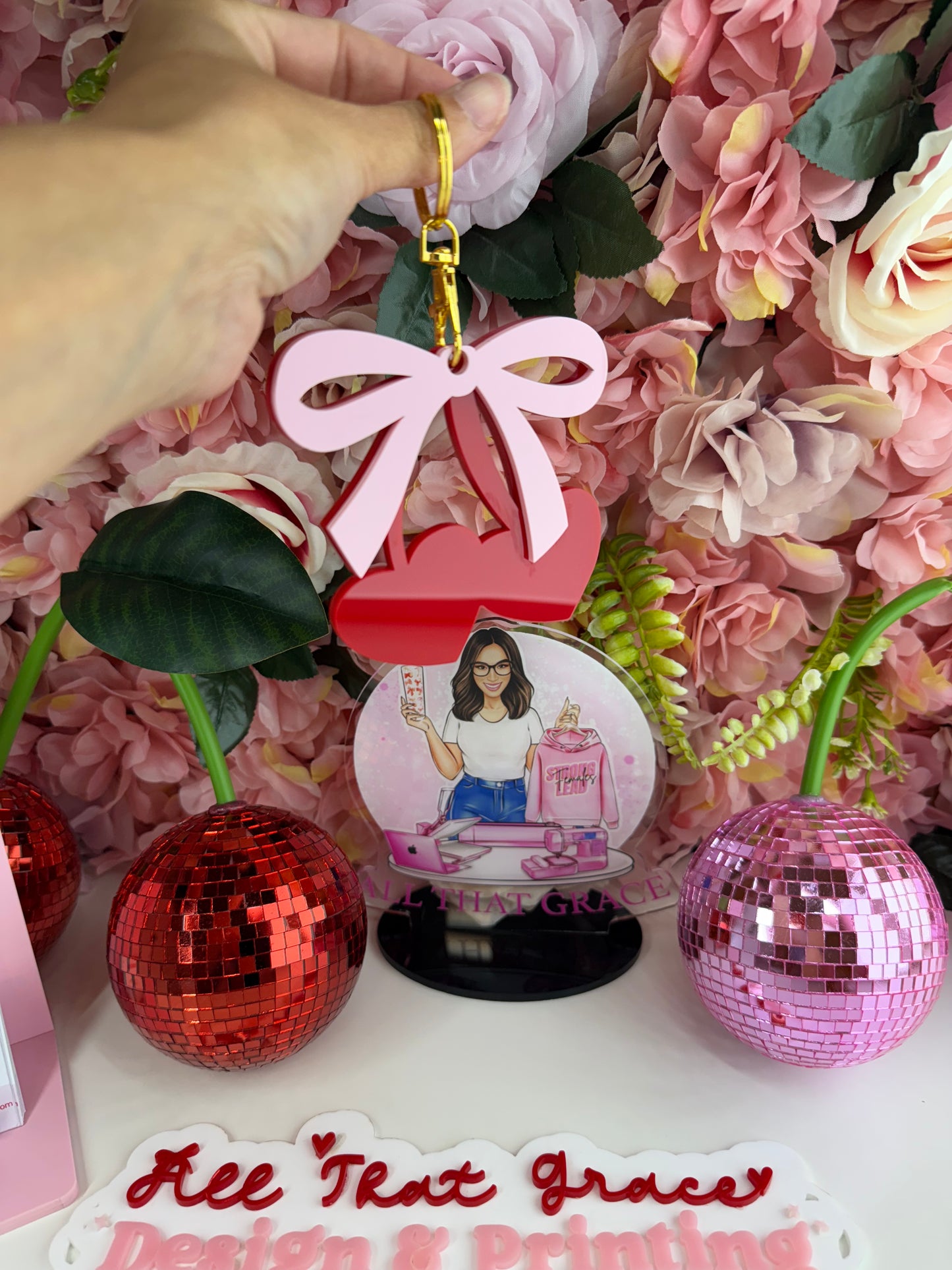 Heart Cherry Coquette Bow Acrylic Double Tap Smart Tap Keychain