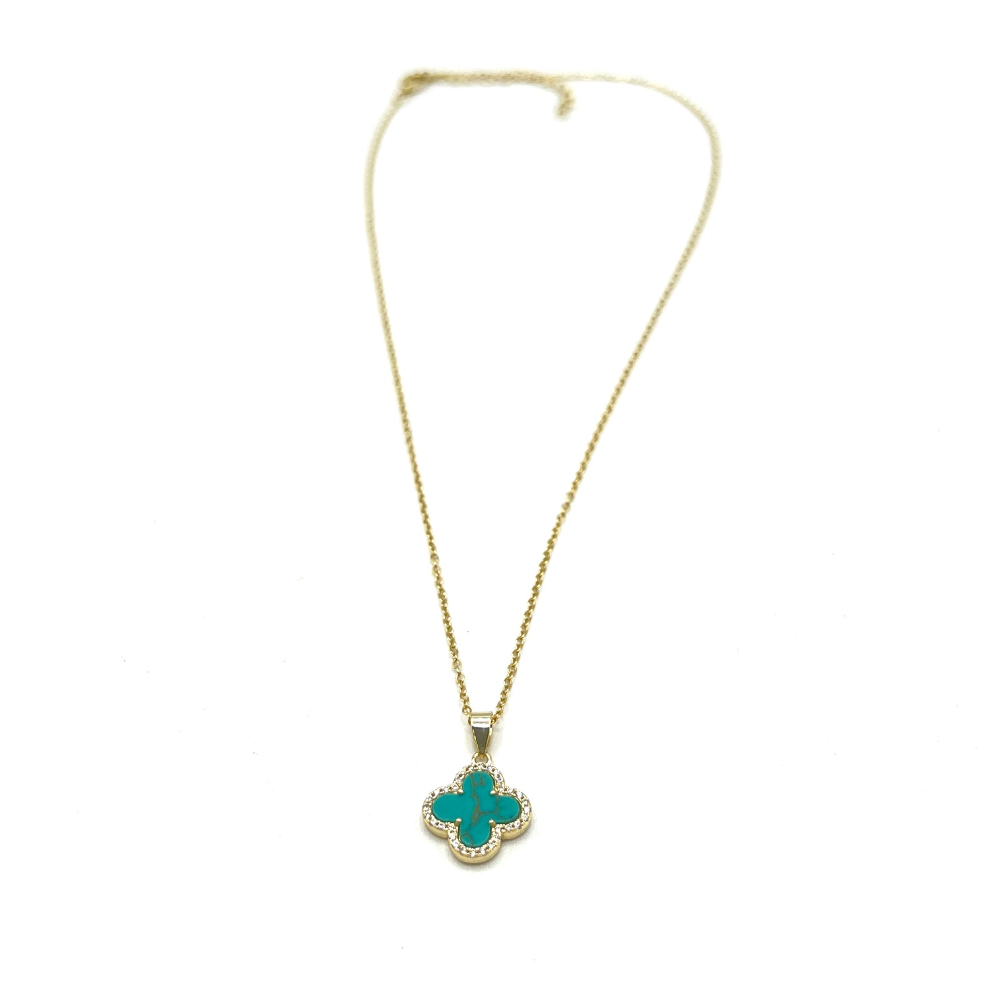 Clover Pave Pendant Gold Necklace in Turquoise Stone