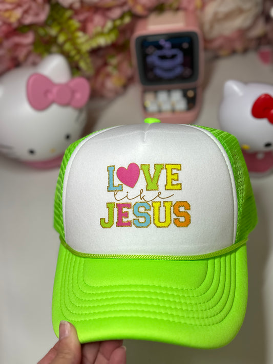Love Like Jesus Trucker Hat In Neon Yellow and White