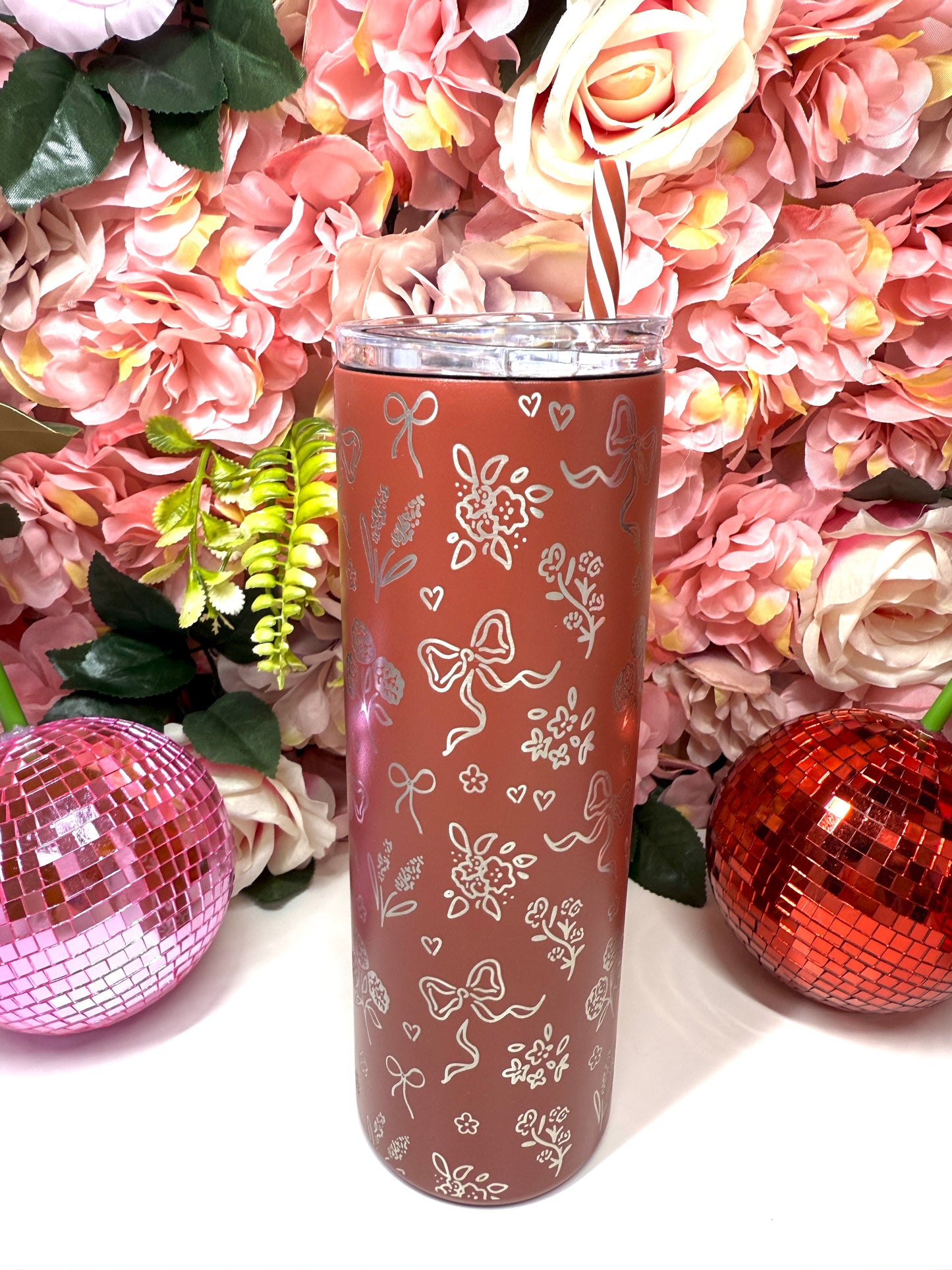 Coquette Floral Engraved 20oz Skinny Tumbler in Cranberry Spice