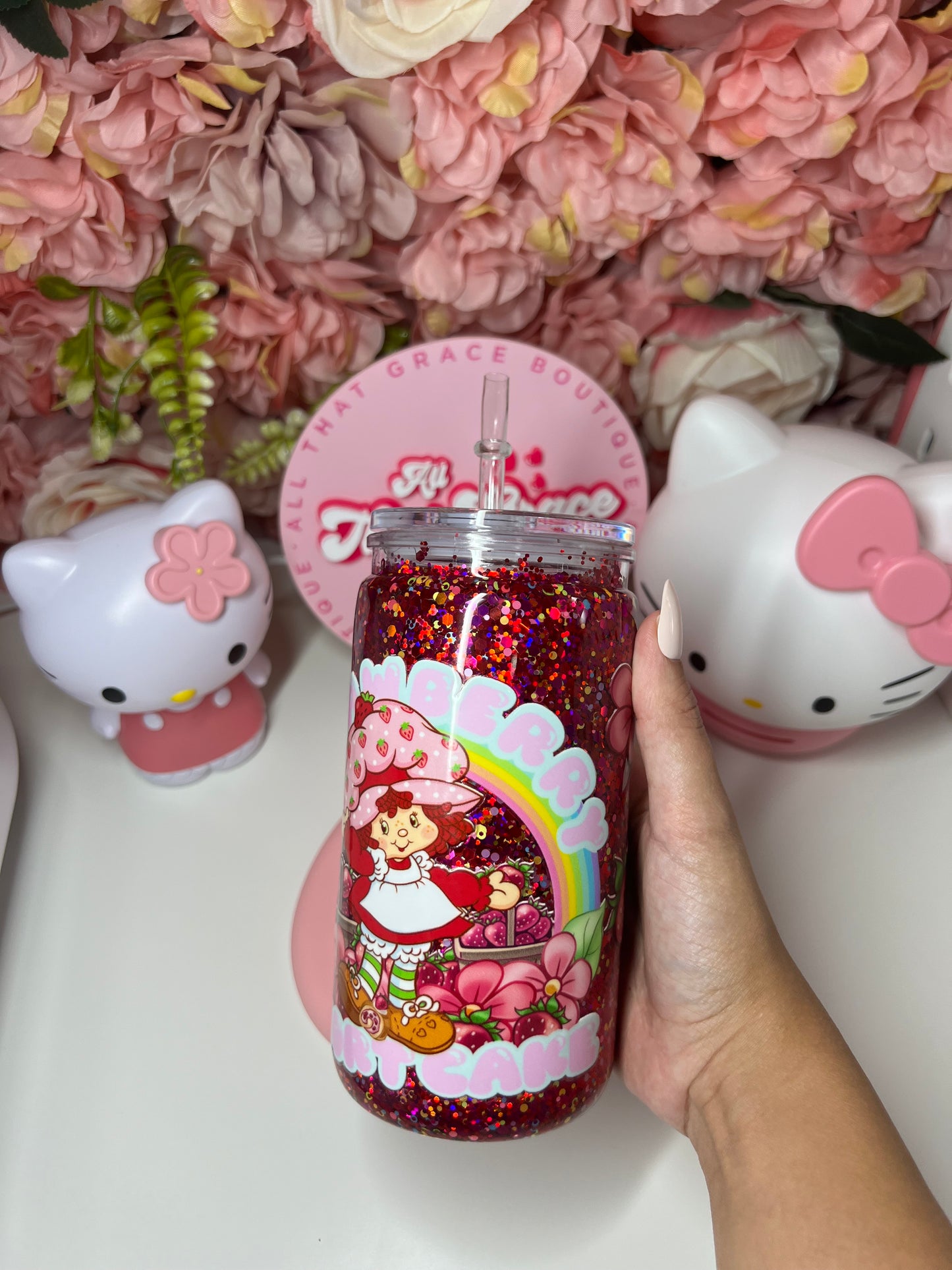 Strawberry Glitter Acrylic Snow Globe Cup