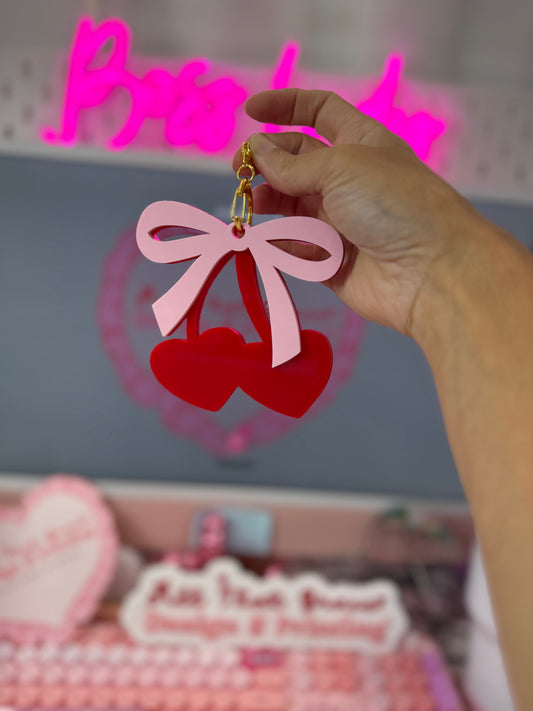 Heart Cherry Coquette Bow Acrylic Double Tap Smart Tap Keychain